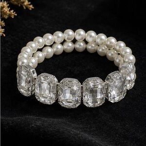 Luxury Boutique Elegant Pearl and Crystal Stretch Bracelet Double Strand White